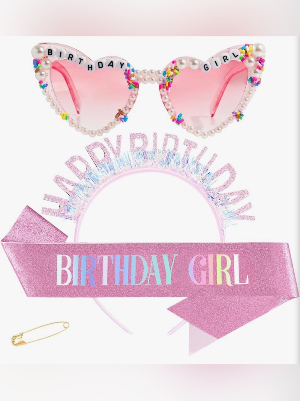 3 PCS Birthday Girl Set. Sash, Tiara & Heart Shaped Glasses.